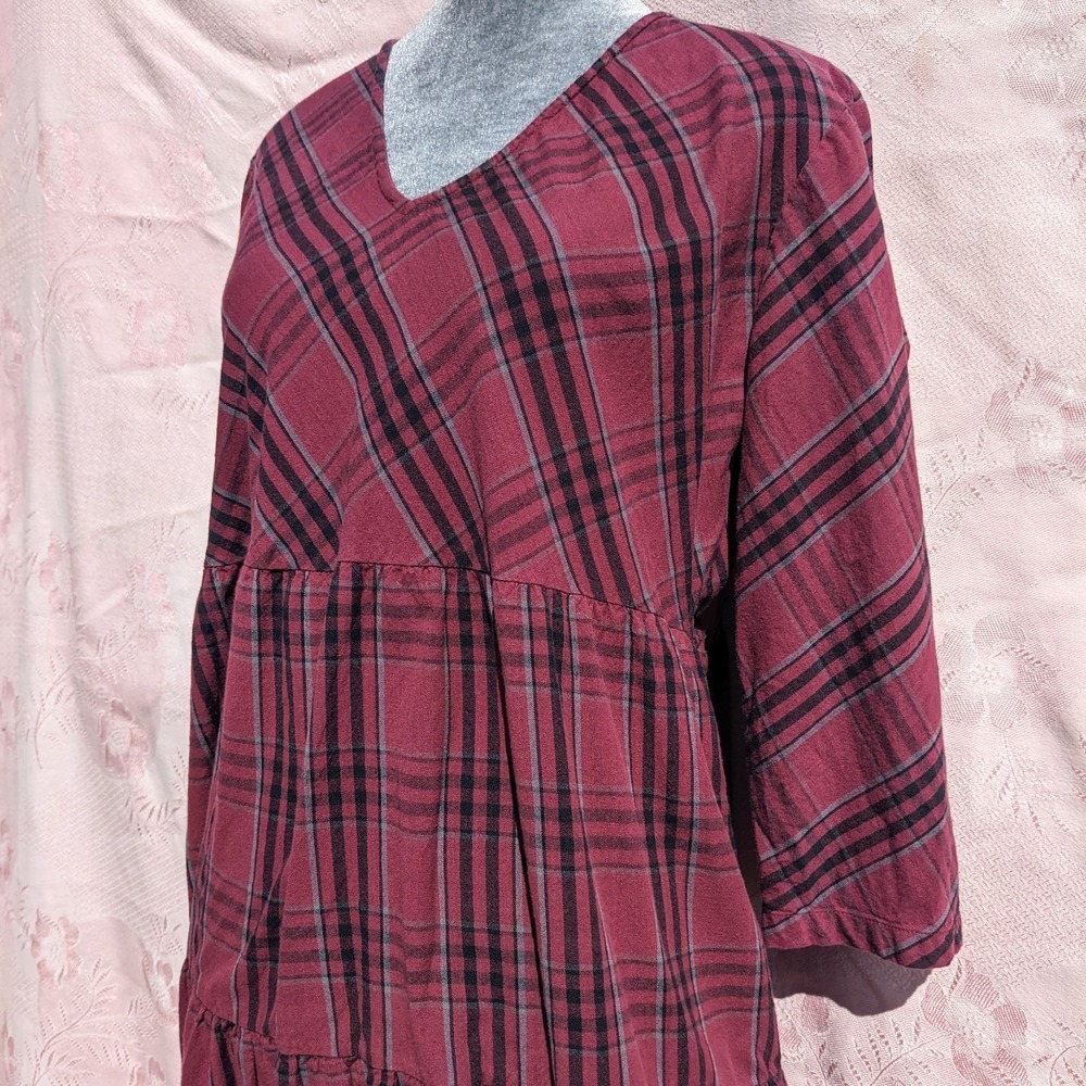 Vermont Country Store Dress M Plaid Tiered Cotton Midi Cottagecore Modest V Neck - Picture 5 of 16
